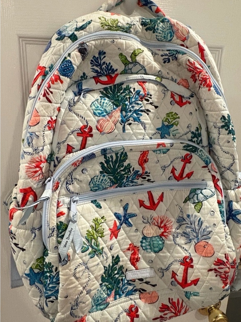 Vera Bradley Quilted Backpack in White with Red, Blue, Green Accents - Picture 2 of 4
